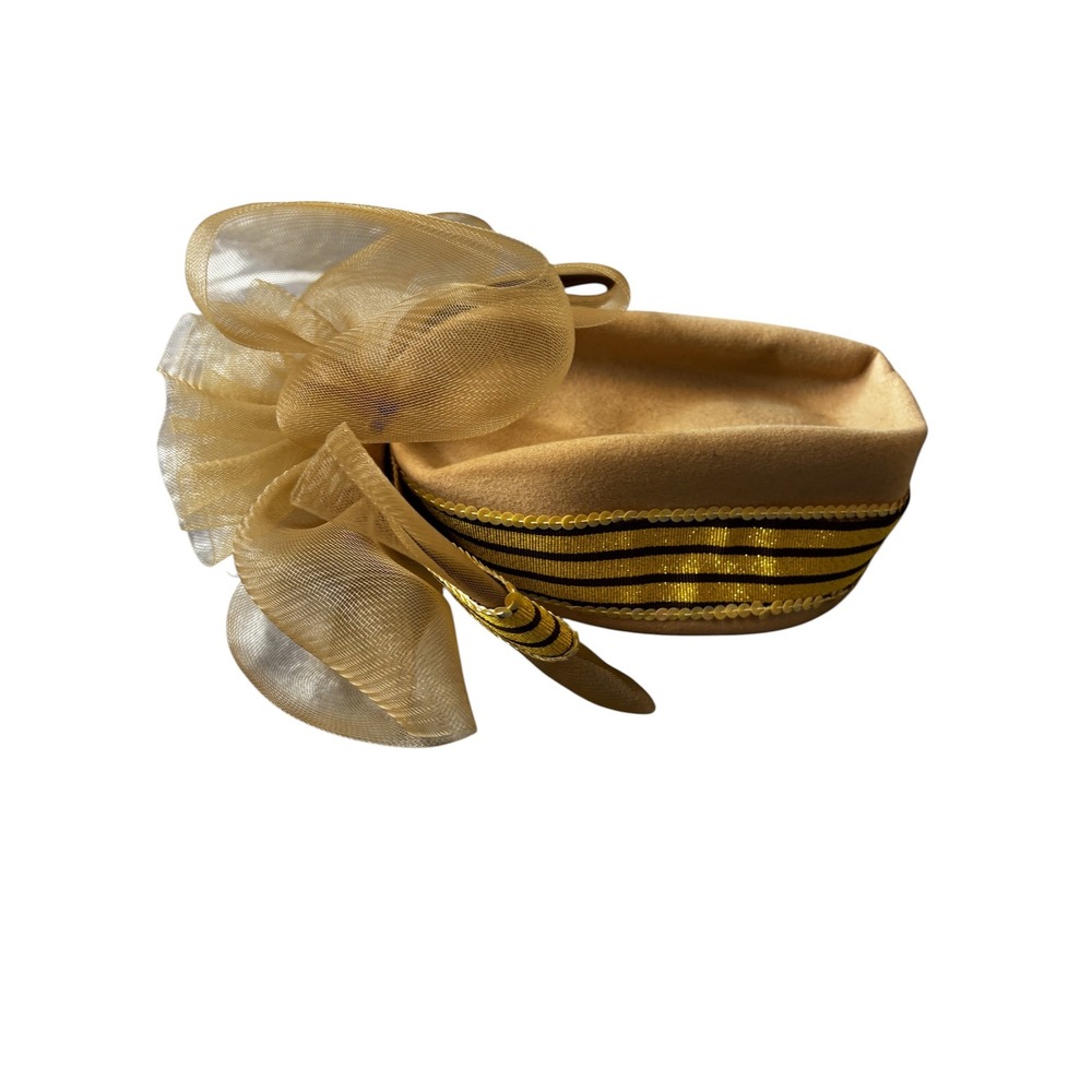 Deborah New York Vintage Pillbox Hat Tan Wool Felt Gold Organza Bow Sequin Trim